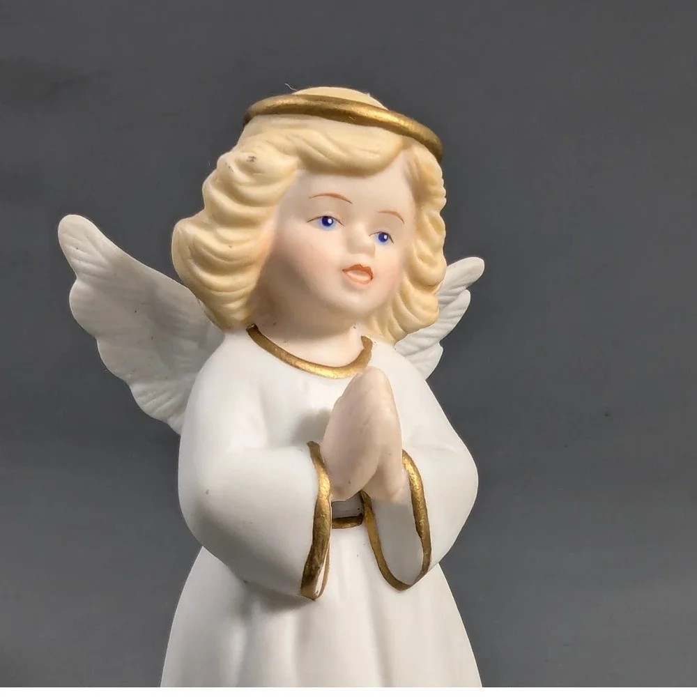 Golden Blessing 1996 Bisque Porcelain Praying Angel Figurine Gold Trim White